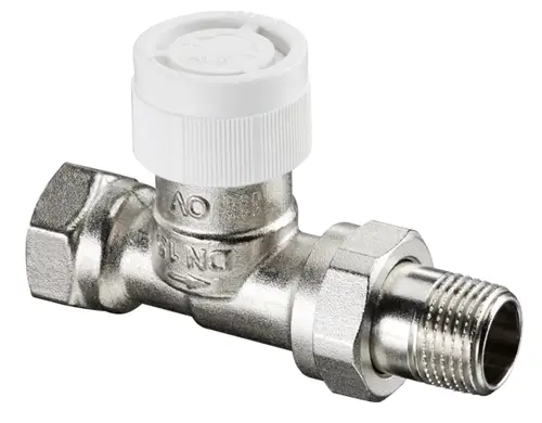 Thermostatventil von Oventrop mit einem Durchgangsdesign, einem weißen Kopf und einem Verbindungselement. Sichtbare Gewinde mit unterschiedlichen Durchmessern.